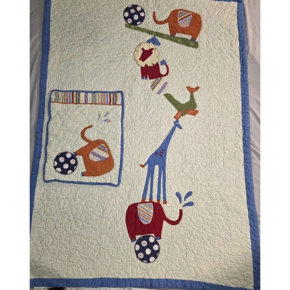 Pottery Barn Kids 2008 Baby Quilt  Blanket And Sham Circus Stacked Animals Theme